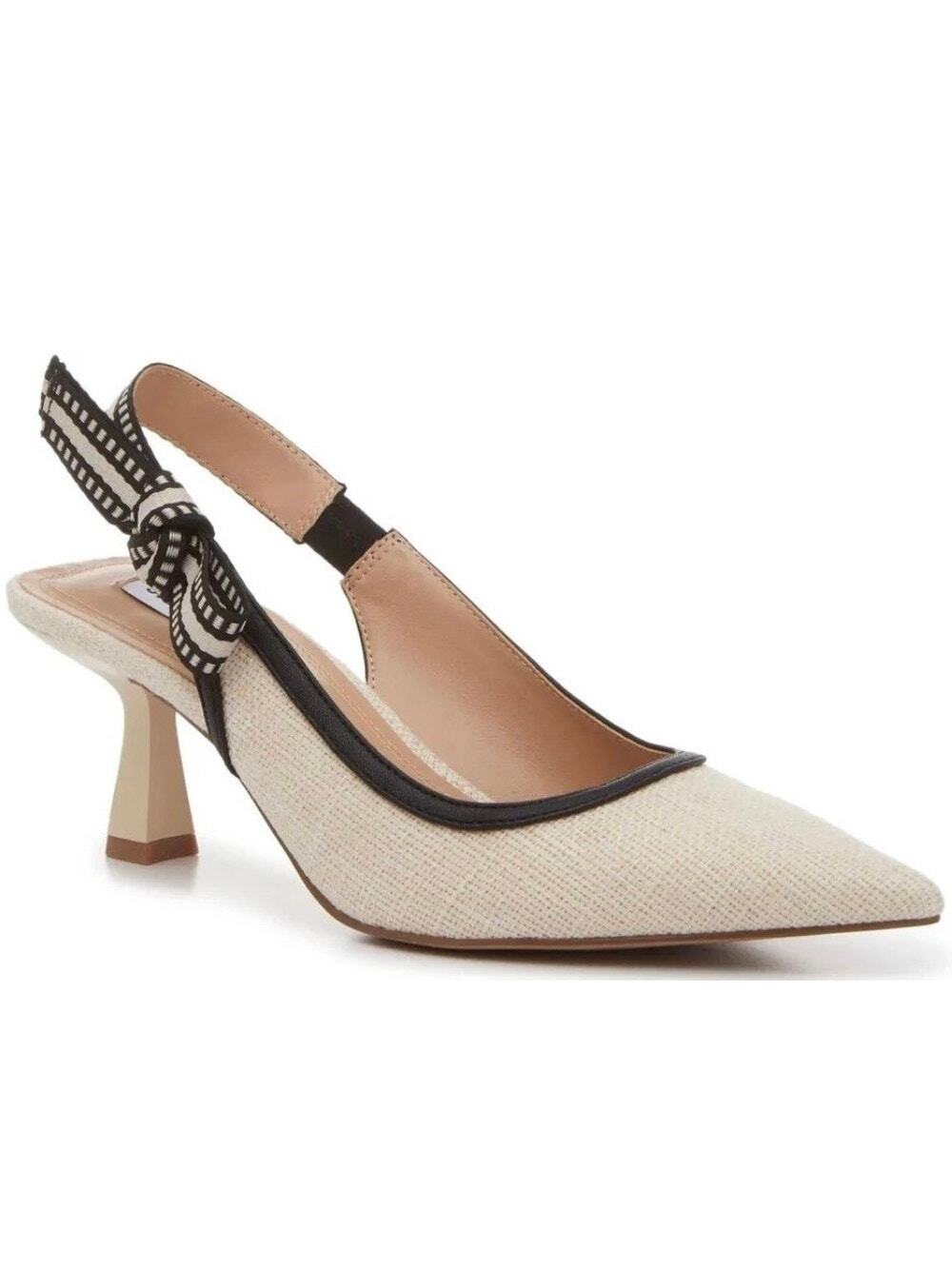 Steve Madden Versali Slingback Pump Cream Canvas Black Bow Kitten Heel Size 9